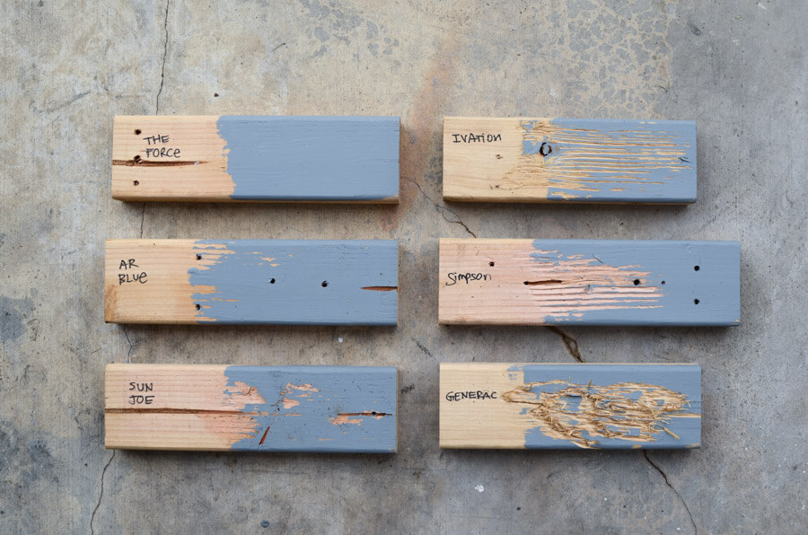 six pieces of wood after the paint removal tests