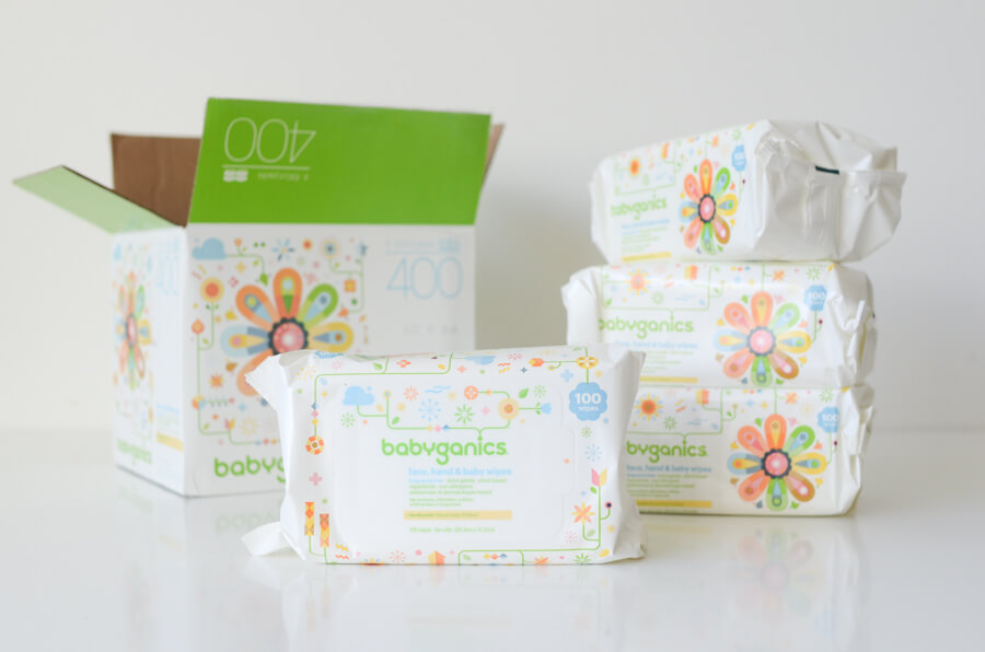 Box and packages of Babyganics wipes