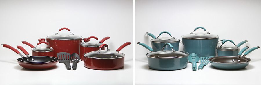 mirror image of two similar cookware sets