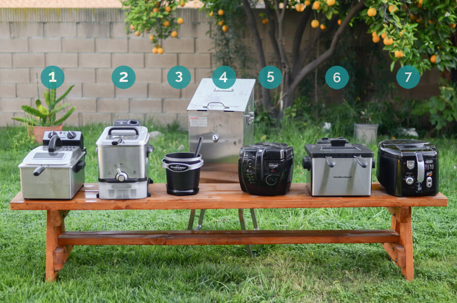 lineup of the seven tested deep fryers