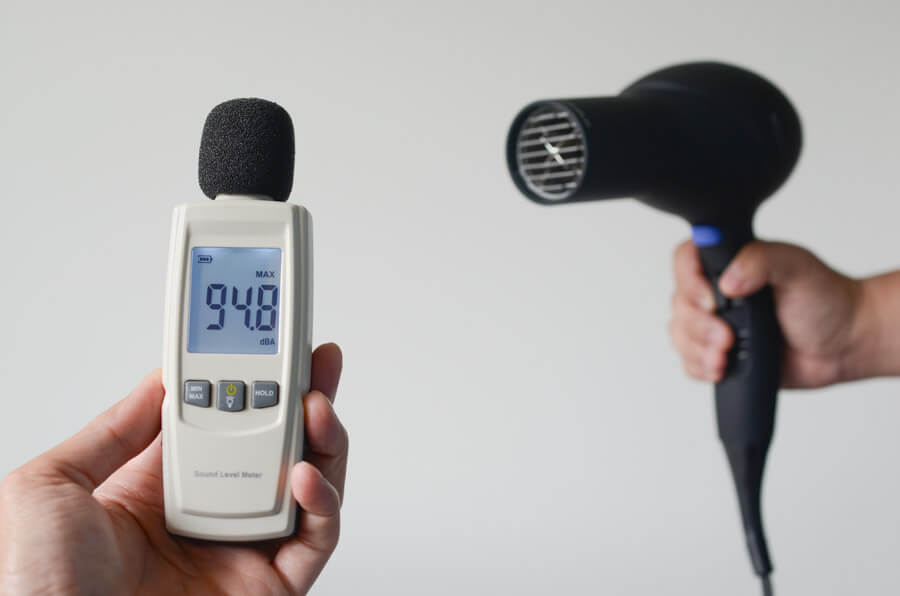 noise meter measuring a hair dryers noise levels