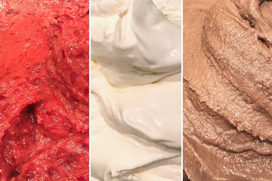 closeup of three ice cream flavors