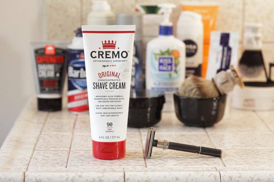 Cremo shaving cream on bathroom counter