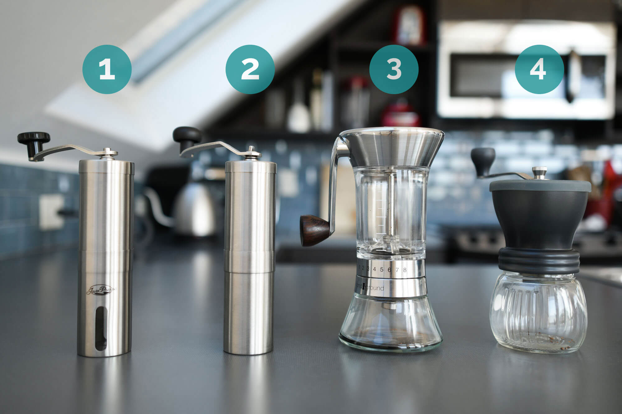 lineup of manual grinders