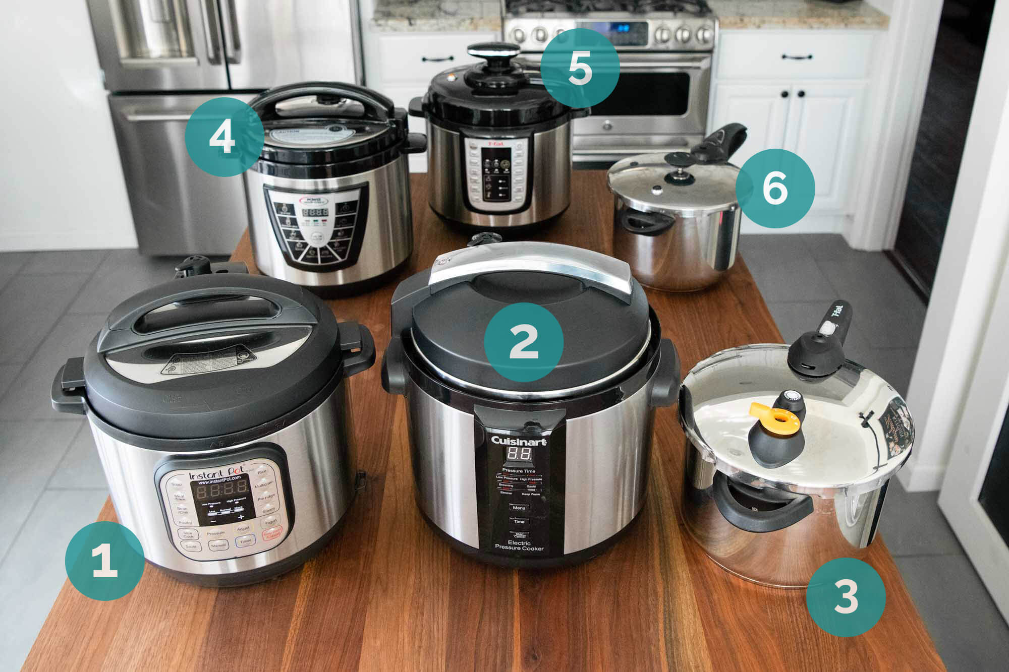 lineup of the six tested pressure cookers