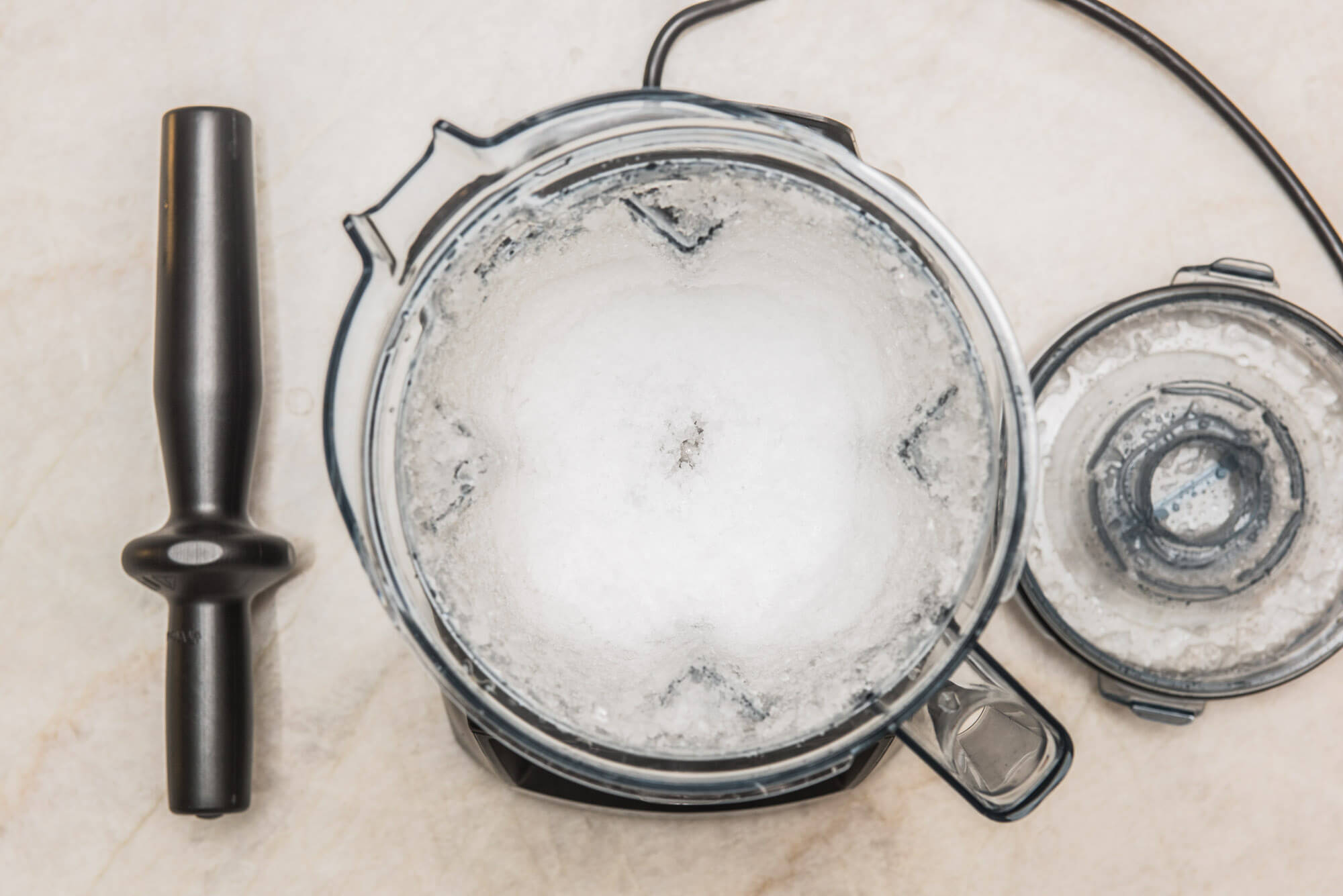 Crushed ice in a blender.