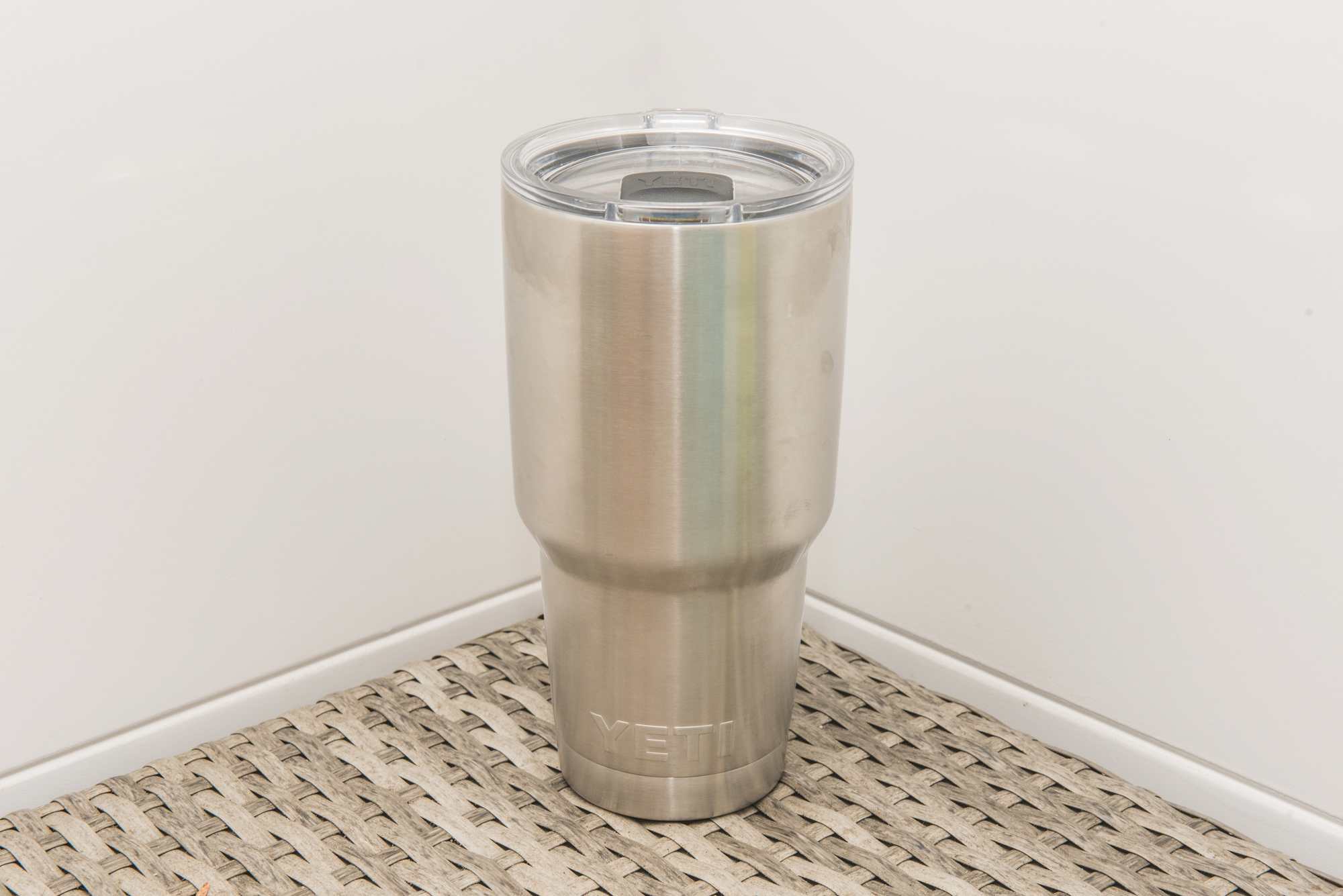 Yeti Rambler stood upright in corner