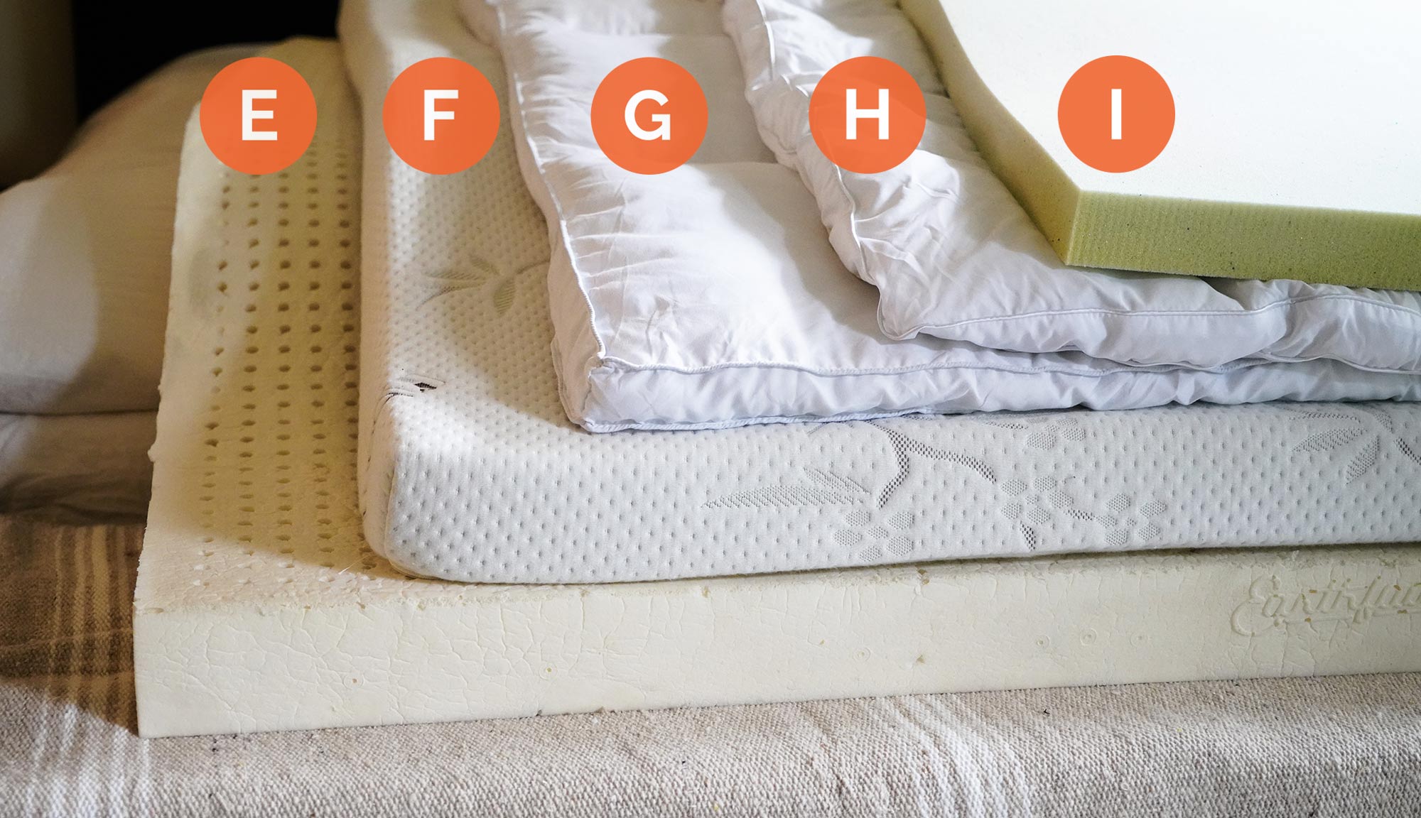 Group of five mattress topper products