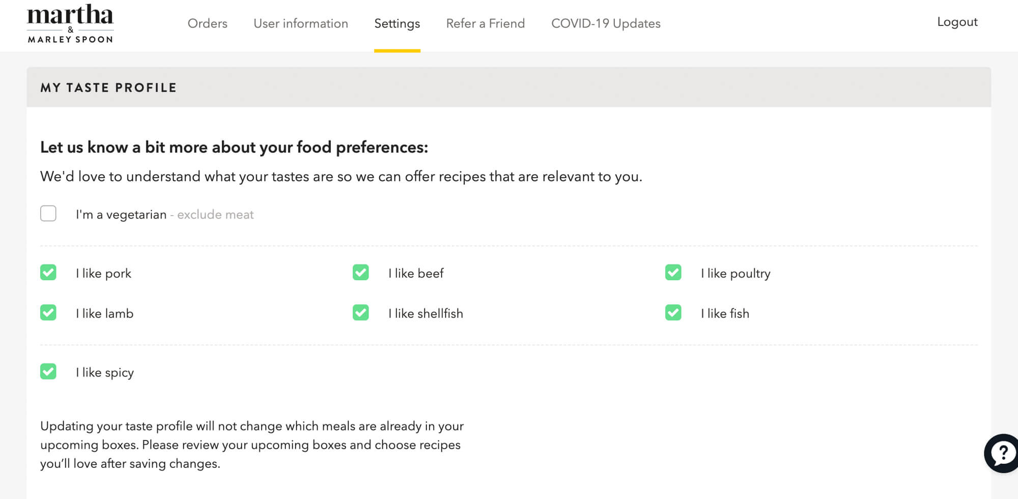 taste profile selection during Marley Spoon signup