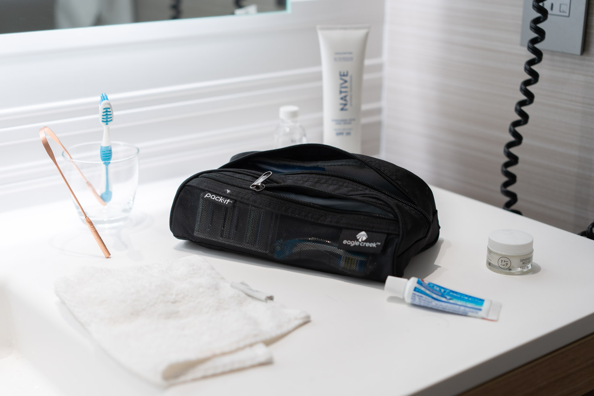 dopp kit on bathroom counter