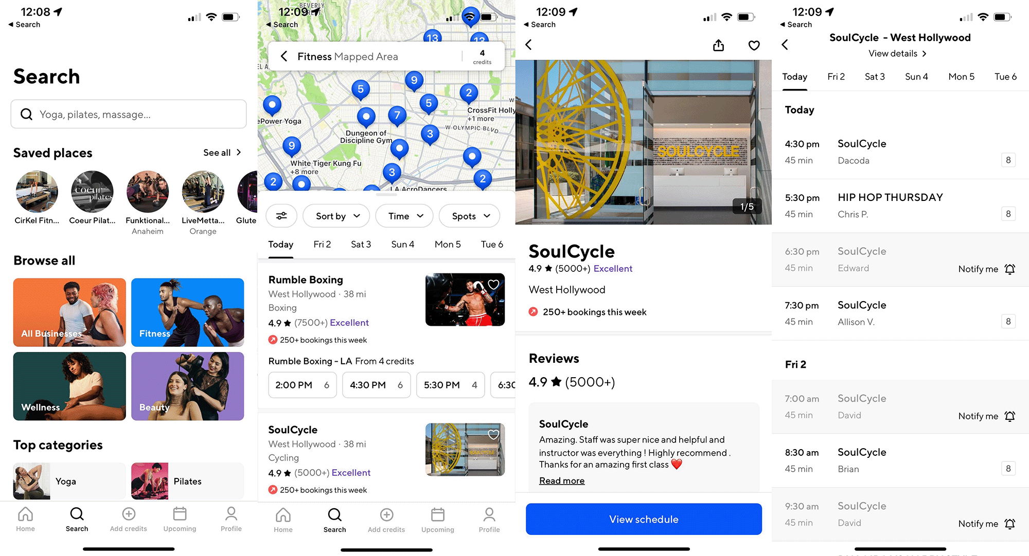ClassPass searching and booking screenshots
