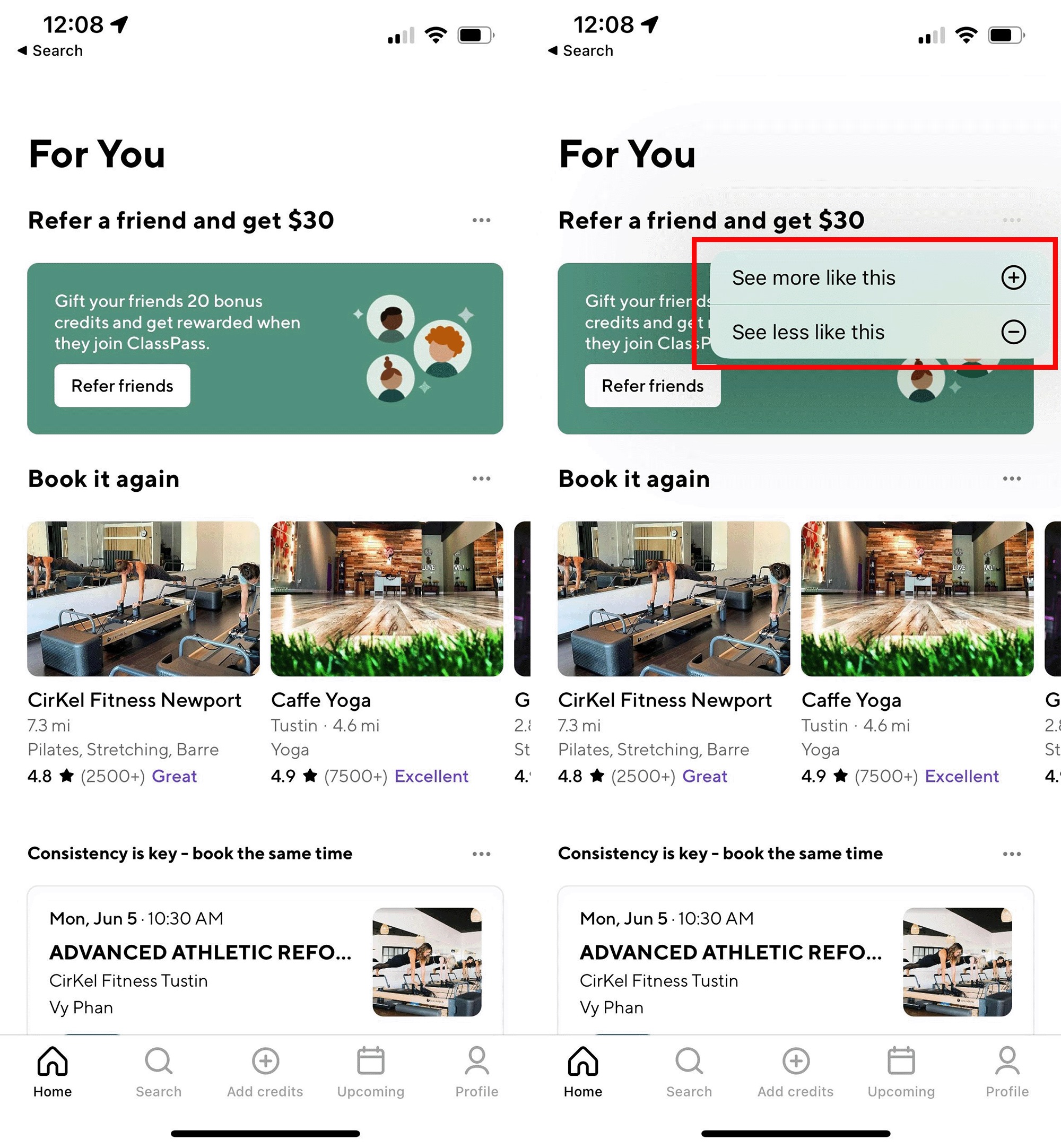 ClassPass homepage customization